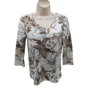 Chico's Additions Shirt Womens Small White Floral Print 3/4 Sleeve V Neck Cotton